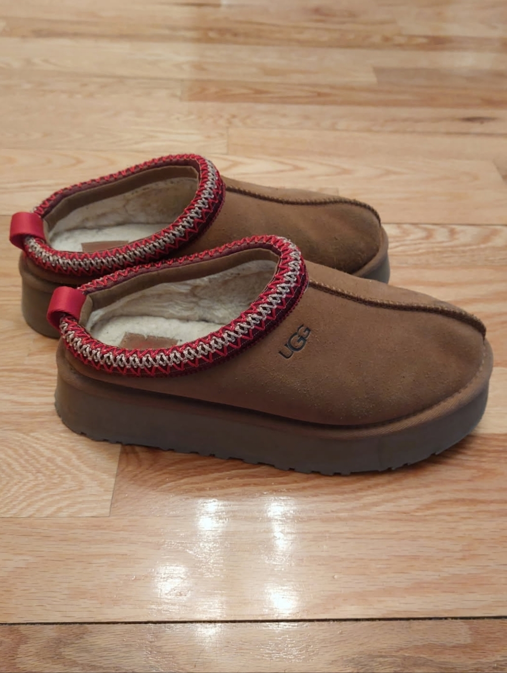 UGG Chestnut Slip-On Suede Clogs with Red Trim